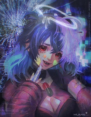 Cute girl smiling intently at the viewer with a cutter in hand. Glitchy background.