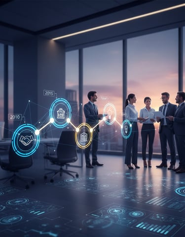 Linha do tempo digital da empresa com marcos de 2010 a hoje. Executivos discutindo o futuro.