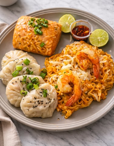 titi box, platillo que incluye cuatro dumplings, un spring roll y buldak con dos camarones