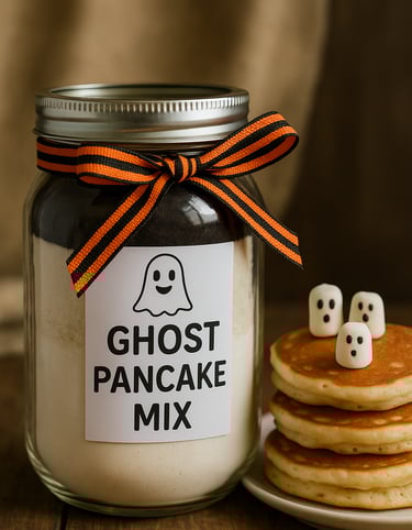 Ghost Pancake Mix Jar with Orange-Black Ribbon