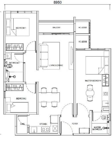 Type F1 layout – 850sf Dual Key apartment with balcony, 3 rooms 2 baths near RTS CIQ