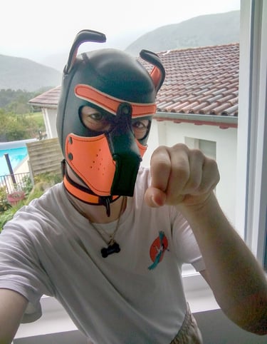 A man poses in a pup mask by an open window.