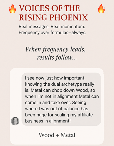 DM screenshot of Wood + Metal Archetype – Visionary entrepreneur celebrates discovering her strategic dual archetype
