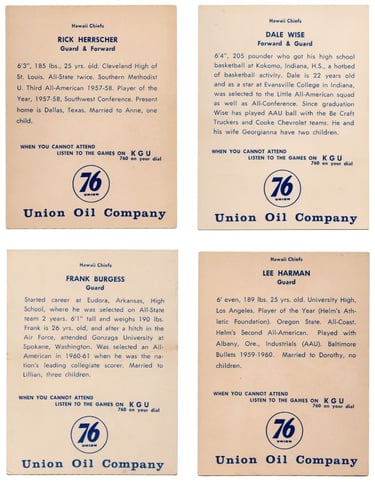 1961 Union Oil Hawaii Chiefs American Basketball League Cards (back)