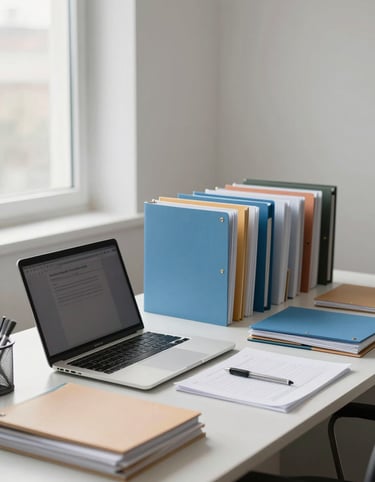 Wide-angle view of a calm professional office desk, open laptop and organized folders on a light surface, even north-facing office light, no people, clean and orderly workspace