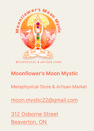 Logo and contact information for, Moonflower’s Moon Mystic Metaphysical Store & Artisan Market