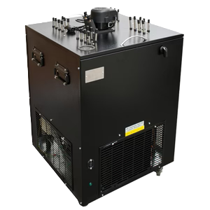 Black industrial draft beer glycol chiller with top-mounted motor and cooling line connections.