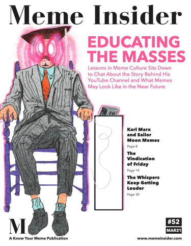 Cover of the Meme Insider publication that interviewed LIMC. It has the LIMC character on the front