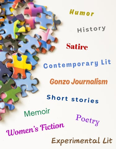 a mix of genres like contemporary and women's fiction, satire, short stories, and poetry