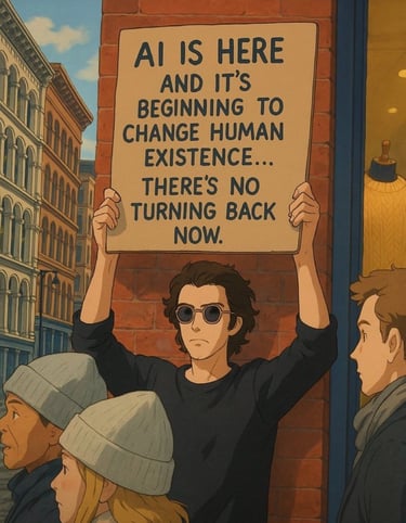 Protester holding AI sign: 'There’s no turning back now'