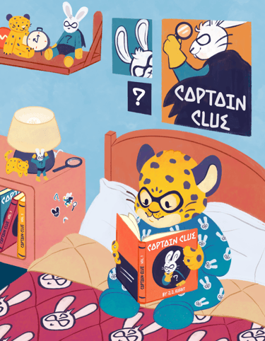 cartoon leopard reading a book in a bed