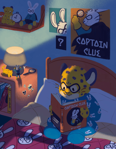 bedtime leopard reading a book in a bed