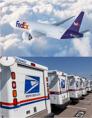 USPS FEDEX planes and trucks