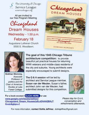 Flyer for Feb 2026 Program Meeting: Chicagoland Dream Houses by Siobhan Moroney
