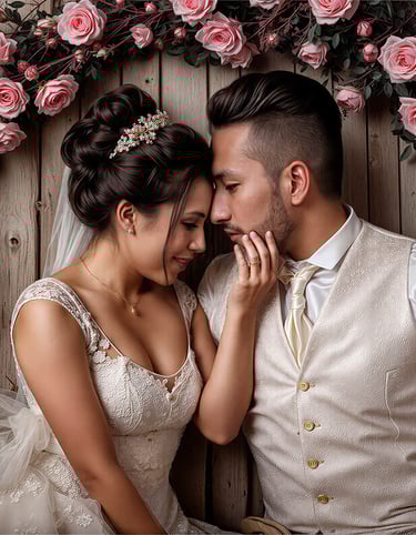 Novios bolivianos abrazados ante un arco de rosas rosadas. Sesión de fotos de boda romántica