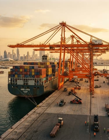 Wide-angle cinematic shot of a massive container ship docked at a modern GCC port during golden hour, high-contrast steel hulls and orange gantry cranes, 35mm