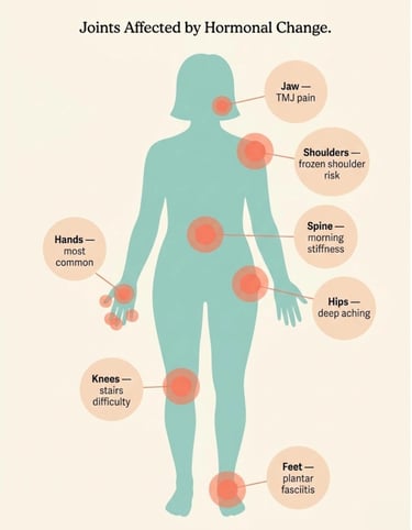 Body map illustration showing the seven joint areas most commonly affected by perimenopause .