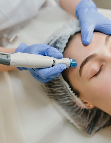 Esthetician performing a professional hydrafacial treatment on a woman's forehead for skin rejuvenation.