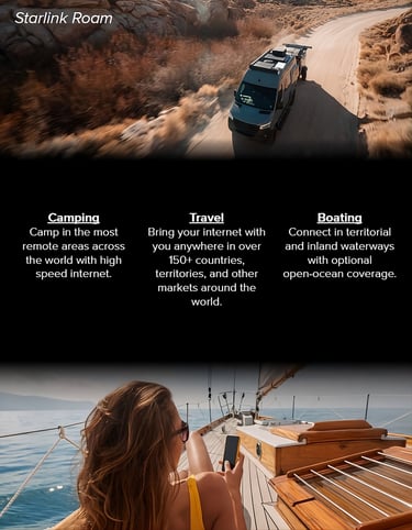 Starlink Roam satellite internet for camping, travel, and boating on a van and sailboat.