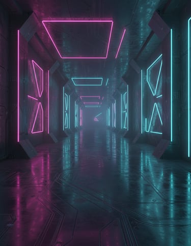A digital hallway with magenta and cyan neon lights reflecting on the floor.