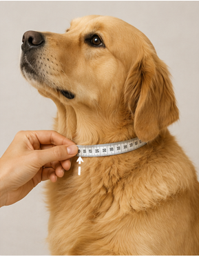 Una persona utiliza una cinta métrica para determinar el tamaño del cuello de un perro