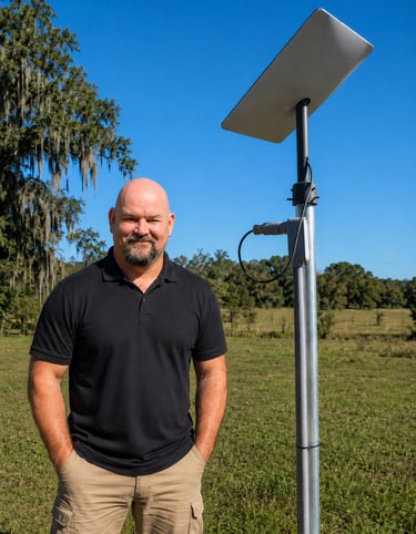 Donnie standing next to a pole-mounted Starlink satellite dish in a rural grassy field.