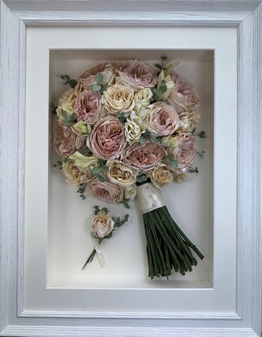 a side view preserved wedding bouquet in a frame