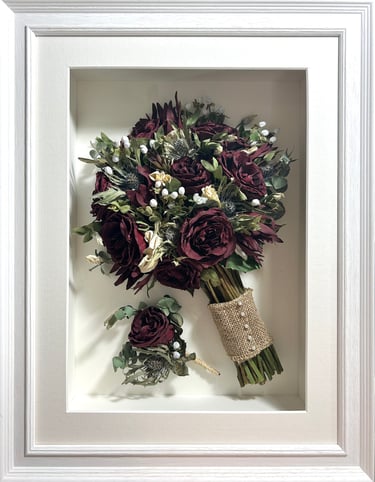 a side view preserved wedding bouquet of deep red roses