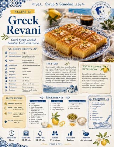 Recipe infographic for Greek Revani, a citrus-infused semolina cake soaked in syrup with sliced pieces on a plate.
