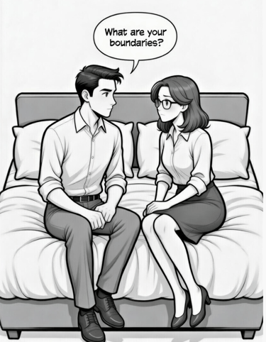 a mele asking female cartoon what are your boundaries? Clothed sitting on edge of bed. and female
