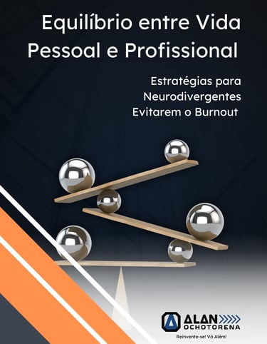 Capa e-book Equilíbrio para Neurodivergentes. Fundo azul, esferas em equilíbrio. Alan Ochotore