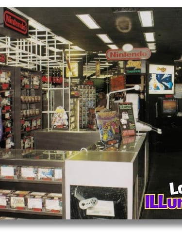 World of Nintendo 1993 Showroom cheio de consoles, pessoas jogando os lançamentos do Super Nes