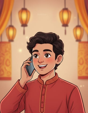 Handsome South Asian man in red kurta talking on smartphone; festive Diwali lanterns in background. 