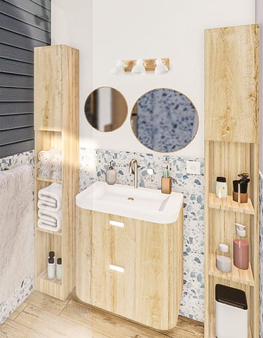 Visuel photoréaliste d'une salle de bain avec des matériaux bois et du terrazzo, dans un chalet