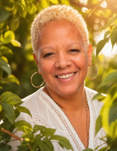Smiling Black woman with short blonde hair and hoop earrings in a sunny garden.