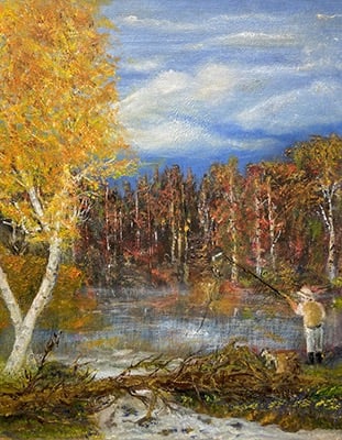 a painting of a man fishing in a river