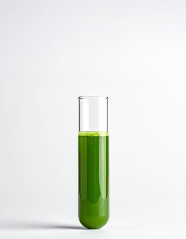 A glass test tube filled with vibrant green liquid for laboratory research or science experiments.