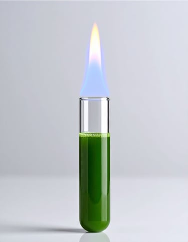 A glass test tube filled with green liquid emitting a blue and yellow flame for a science chemistry experiment.