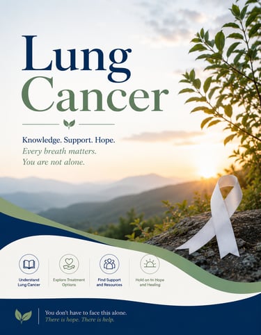 Lung cancer awareness poster featuring a white ribbon on a rock during a sunrise with support resources.