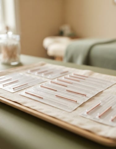 Close-up of sterile acupuncture needles in a bright clinical setting with soft natural daylight, warm sage and sand tones, professional medical environment.