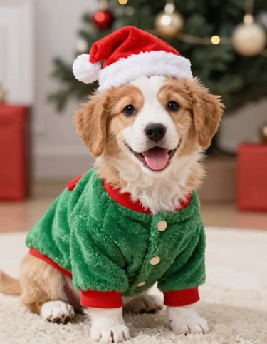 Un adorable cachorro con gorro de Papá Noel y jersey navideño 
