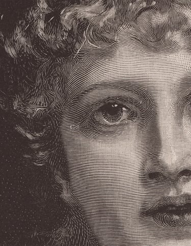 Vintage woodcut engraving of a person's face with intricate line art and crosshatching.