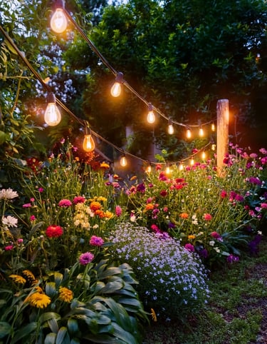 Flower garden with warm string lights, colorful planting, and a romantic evening outdoor mood.