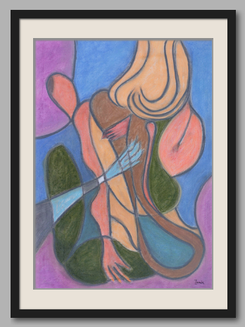 Stylized abstract figure with elongated limbs and flowing hair; warm oranges and browns interlock wi