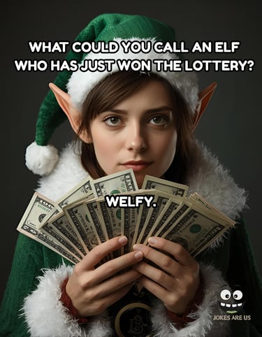 Happy elf displaying cash, featuring a joke: "What could you call an elf who won a lottery? Welfy."