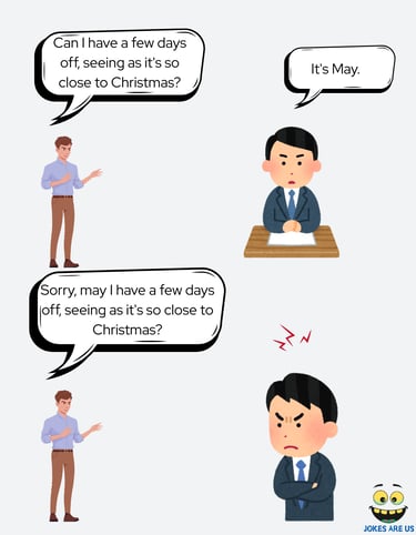 Cartoon depicts a man requesting Christmas leave from boss, who points out that it is currently may.