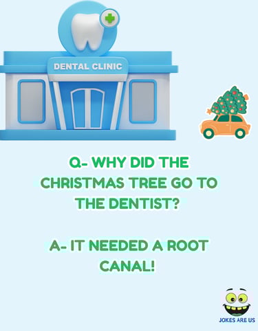  A car carrying a Christmas tree in front of a dental office, with a joke: "It needed a root canal."