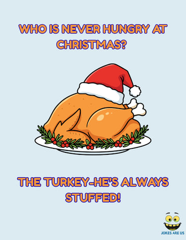 Roasted turkey with funny text: "Who's never hungry at Christmas? The Turkey. He's always stuffed!"
