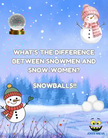 Two snowmen in the snow with a humorous text about the difference between snowmen and snow-women.