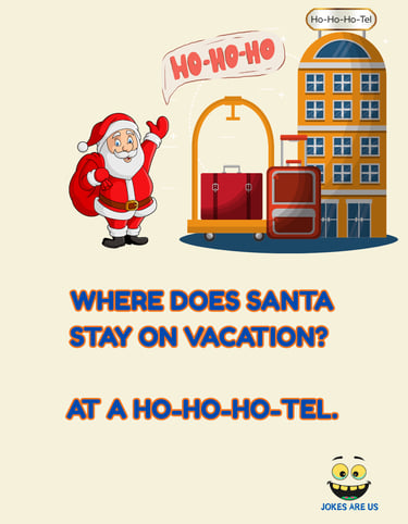 Santa with luggage stands in front of a hotel, captioned, "Where does Santa stay? At a ho-ho-ho-tel